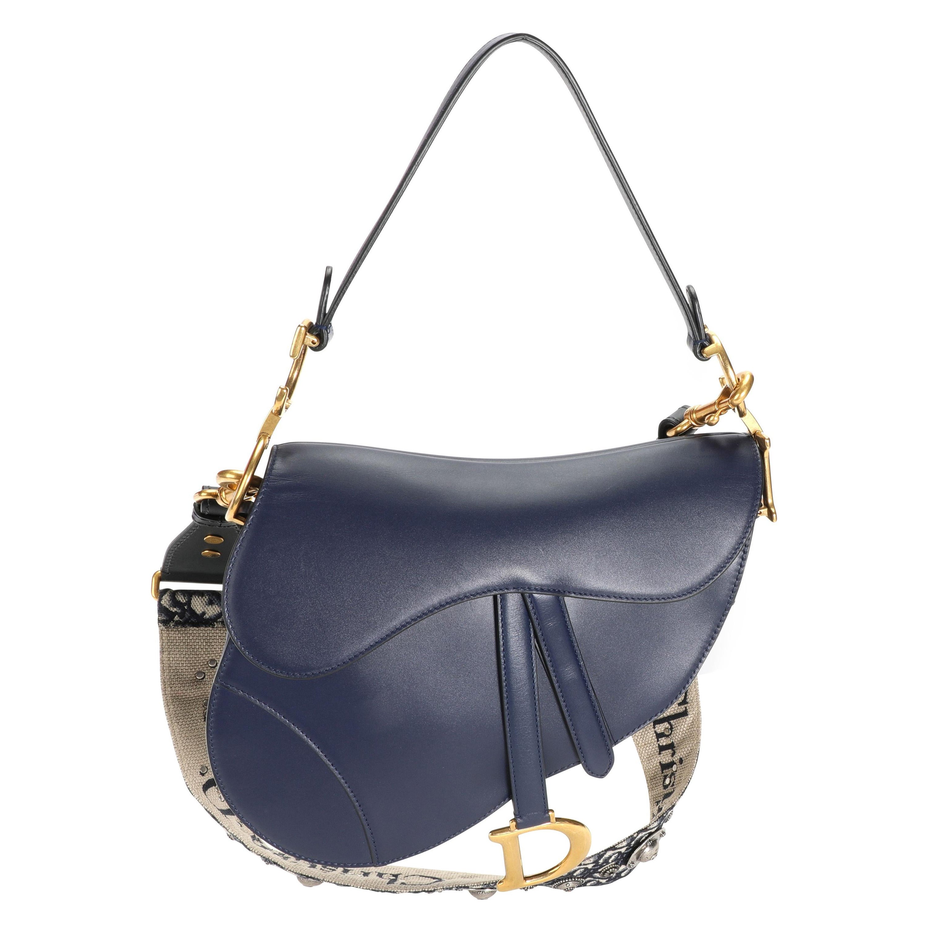 Dior Navy Leather Saddle Bag with Oblique Bandoulière Strap