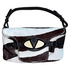 Rare VALENTINO Y2K Fur & Leather V Logo Baguette Double Flap Clutch Handbag 
