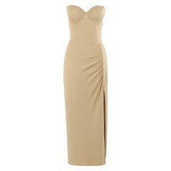 Retro NORMA KAMALI c.1980's Tan Nude Strapless Bustier High Slit Maxi Evening Dress