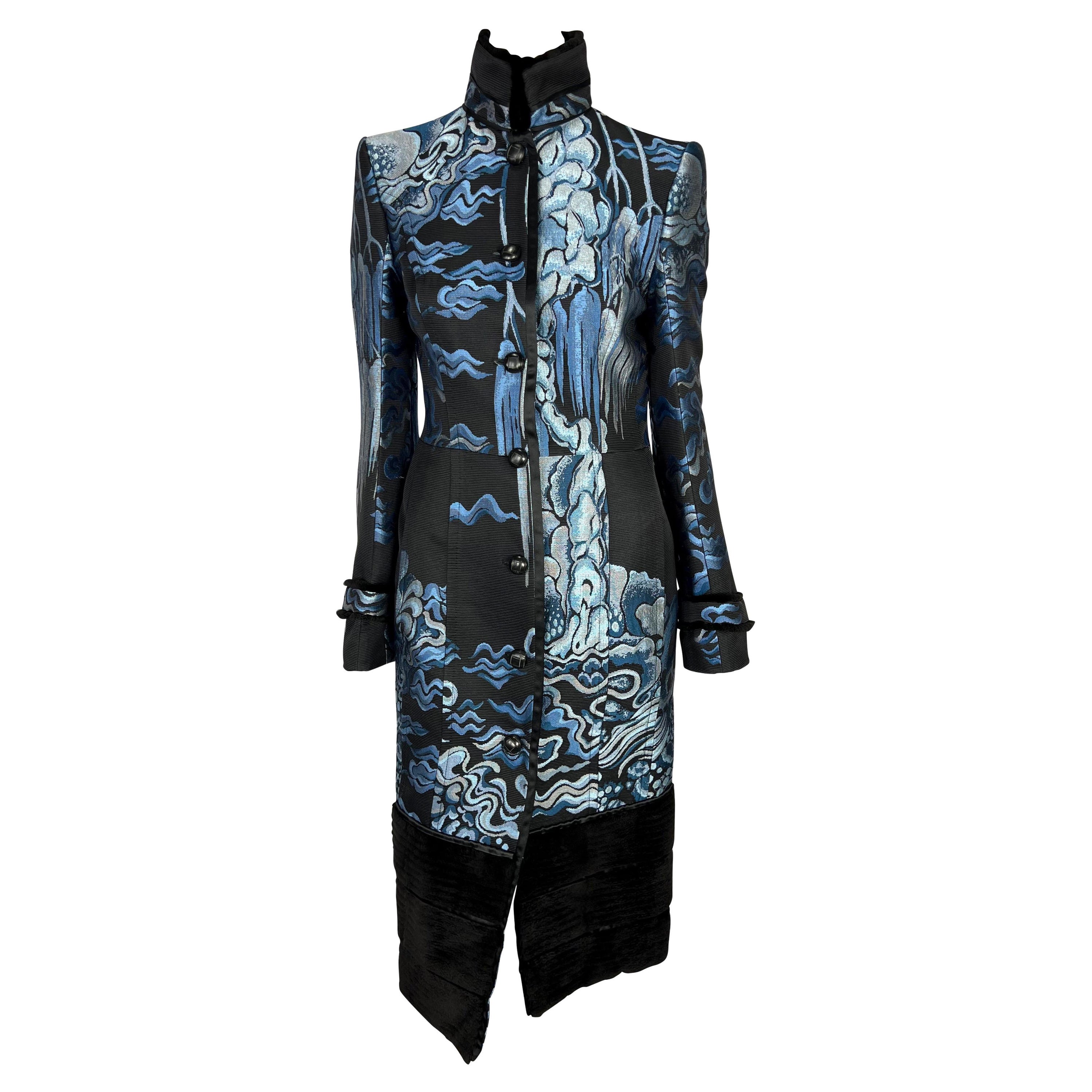F/W 2004 Yves Saint Laurent by Tom Ford Blue Chinoiserie Weave Fur Trim Coat For Sale