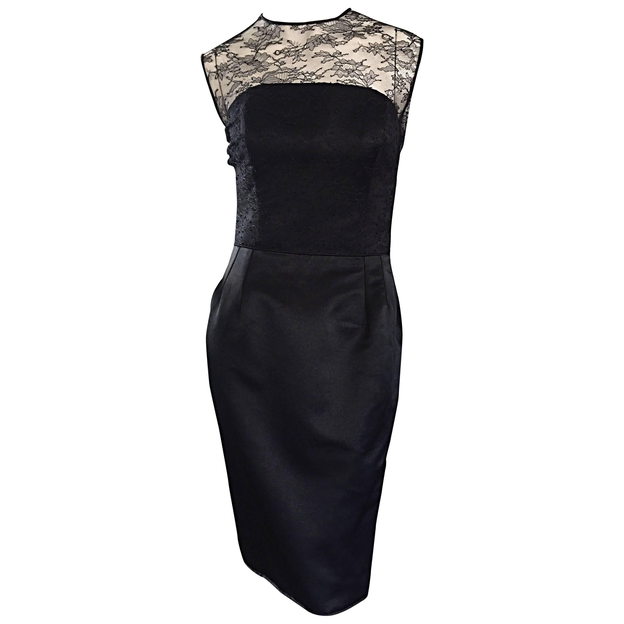 1990s Carlos Marquez Black Silk Vintage 90s Wiggle Dress w/ Lace Overlay LBD For Sale