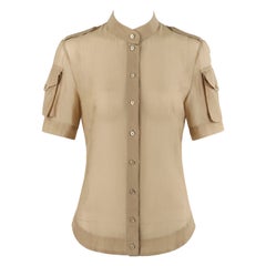 ALEXANDER McQUEEN S/S 2009 Tan Semi Sheer Silk Pocket Sleeve Button-Down Top