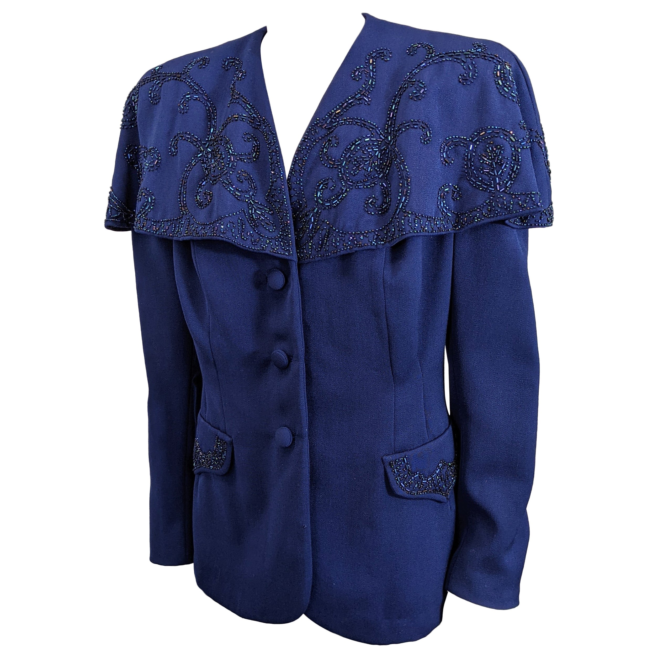 Chaqueta de Gabardina de Lana de los años 40 con Capelina de Cuentas