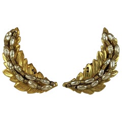 Miriam Haskell Pearl and Russian Gilt Fern Leaf Earclips