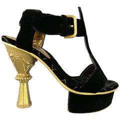 YVES SAINT LAURENT Size 6 Black Velvet Gold Pillar Platform Angelique Sandals