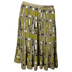 Oscar de la Renta Green Rectangle Print Pleated Skirt