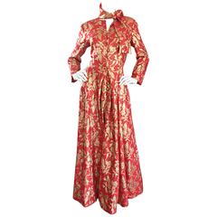Rare Ferdinando Sarmi 1970s Red + Gold Vintage 70s Silk Gown Maxi Dress w/ Scarf 5
