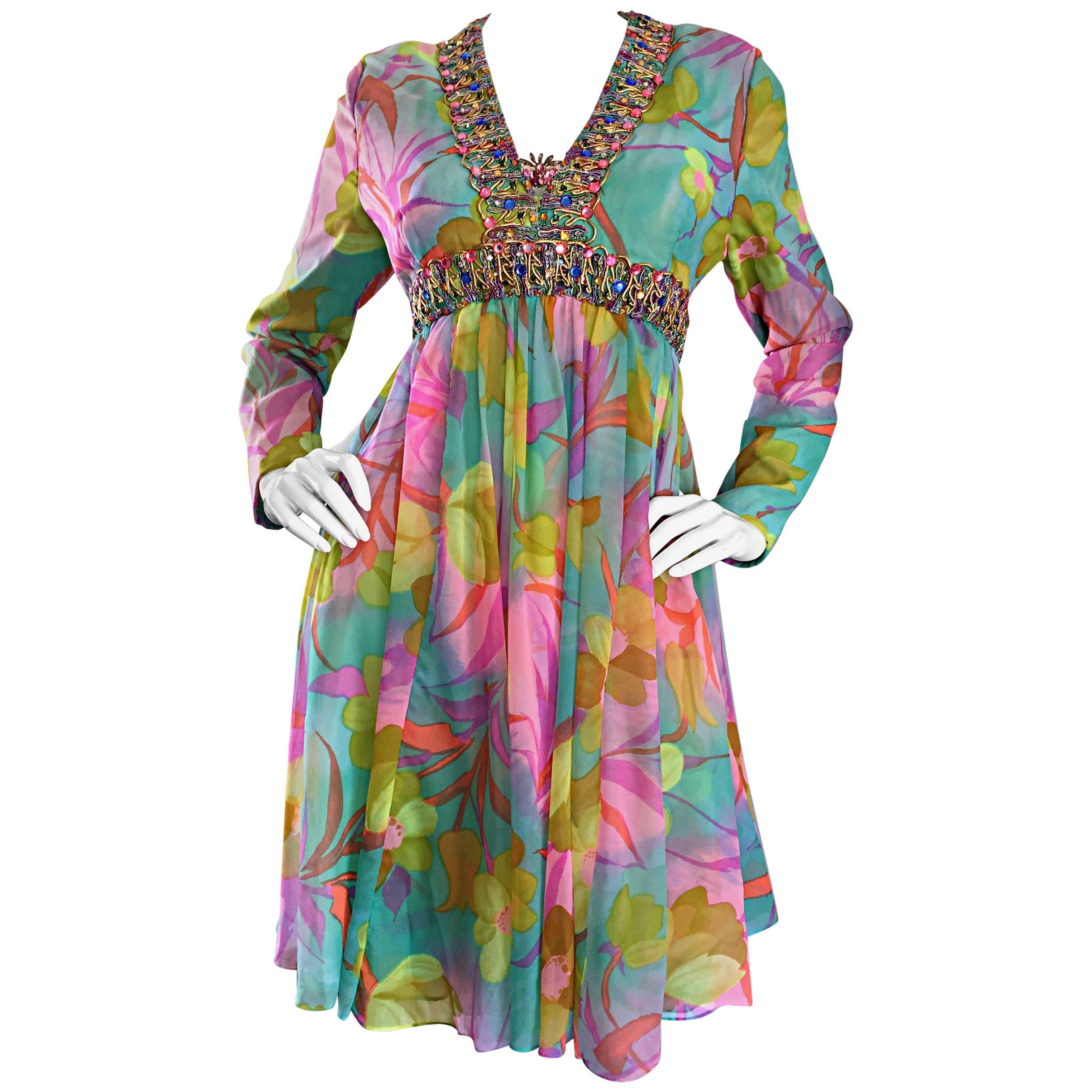Spectacular 1960s I. Magnin Silk Chiffon Jeweled Empire Waist 60s Cocktail Dress
