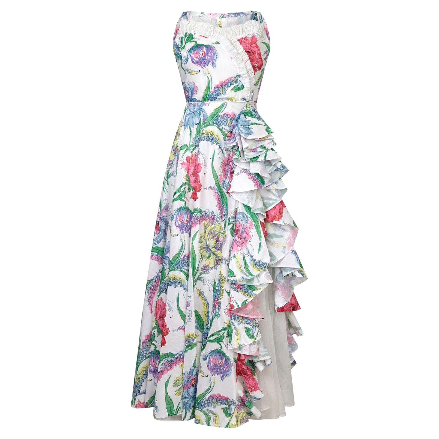 1950er Weißes Organza-Kleid aus Baumwolle mit Blumenmuster im Angebot