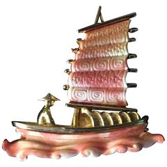 Hattie Carnegie Chinese Junk Boat Faux Coral Gold tone Brooch Pin 9