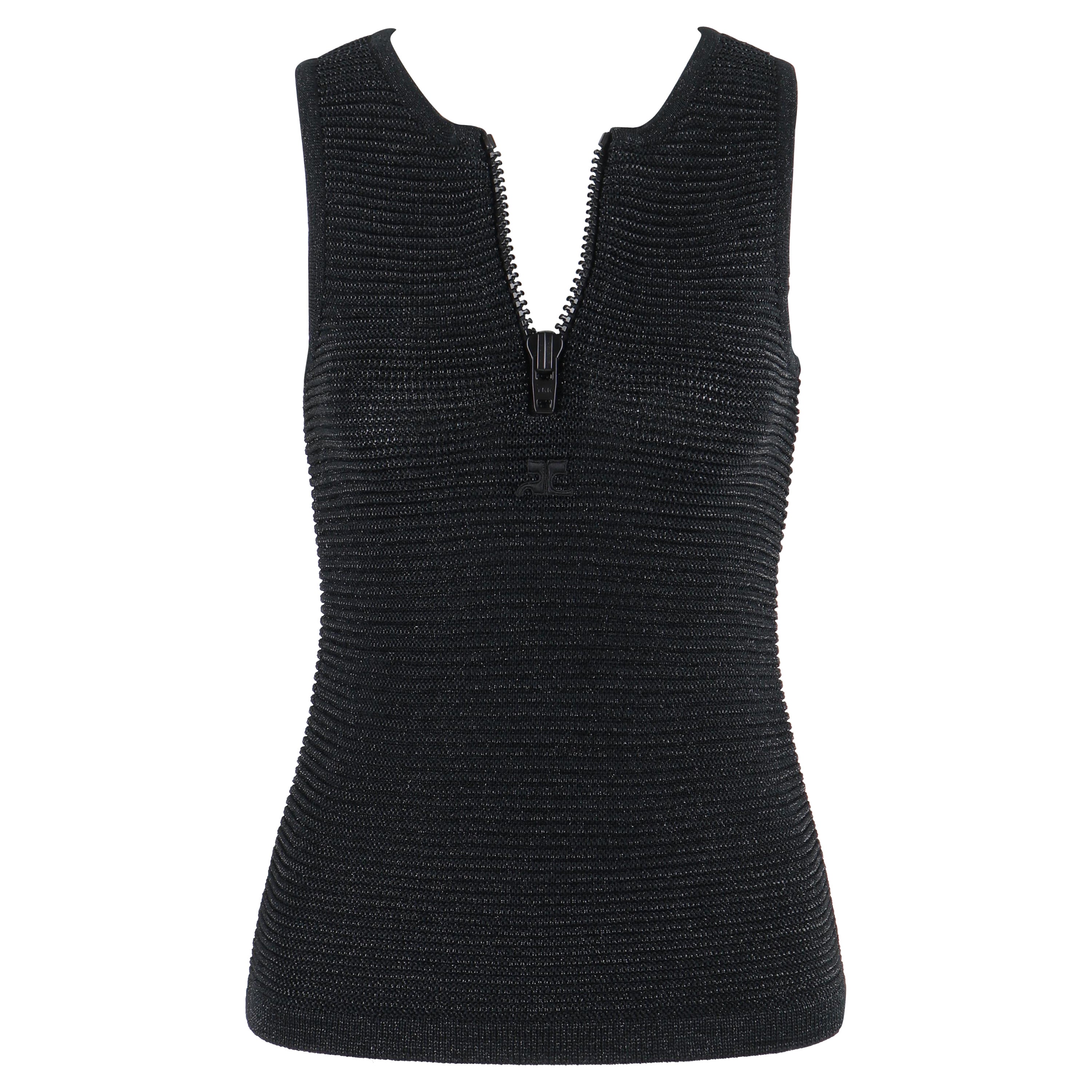 COURREGES c.1960s Black Sparkle Sheen Knit Zip-Up Sleeveless Sweater Top For Sale