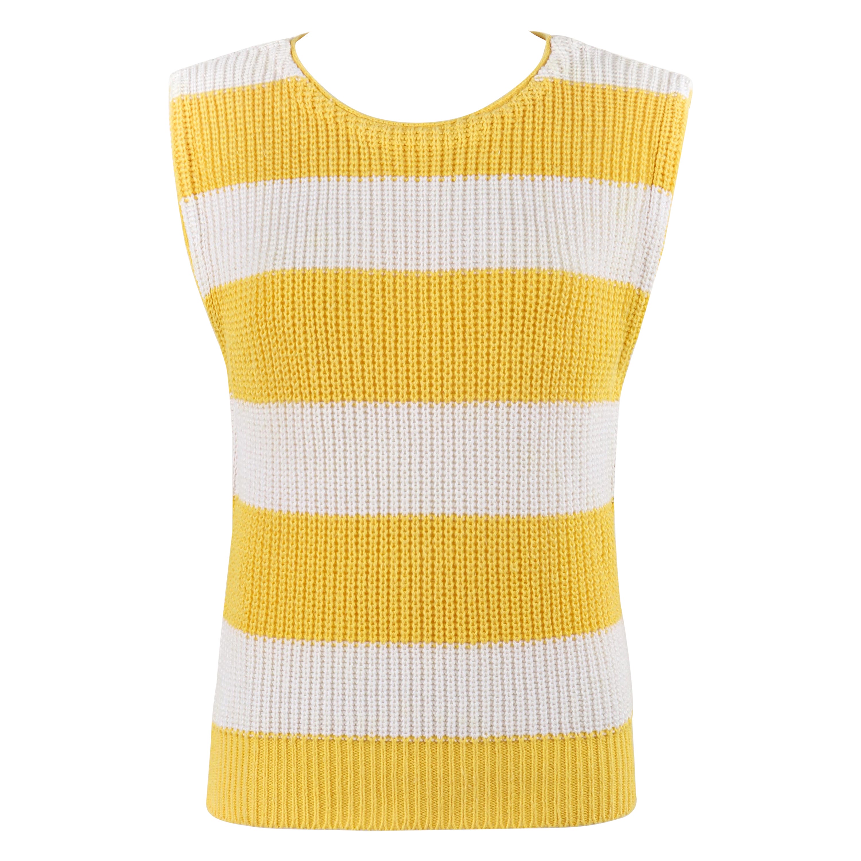 DIANE VON FURSTENBERG c.1980s Yellow White Striped Knit Sleeveless Sweater Top For Sale