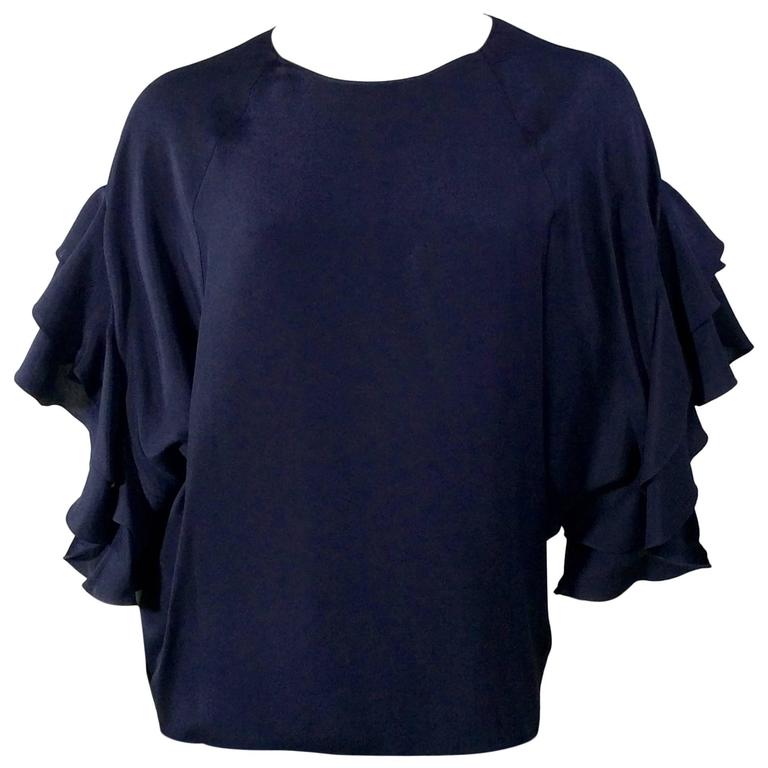 Chloe Navy Ruffled Sleeve Blouse For Sale at 1stdibs