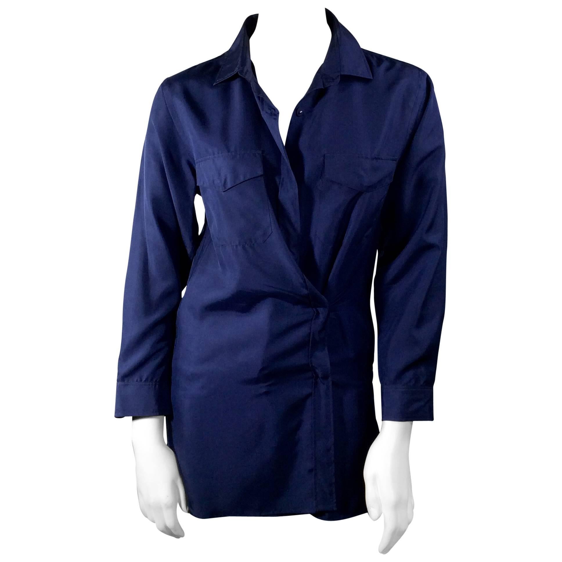 Prada Navy Drapable Button Up Blouse For Sale