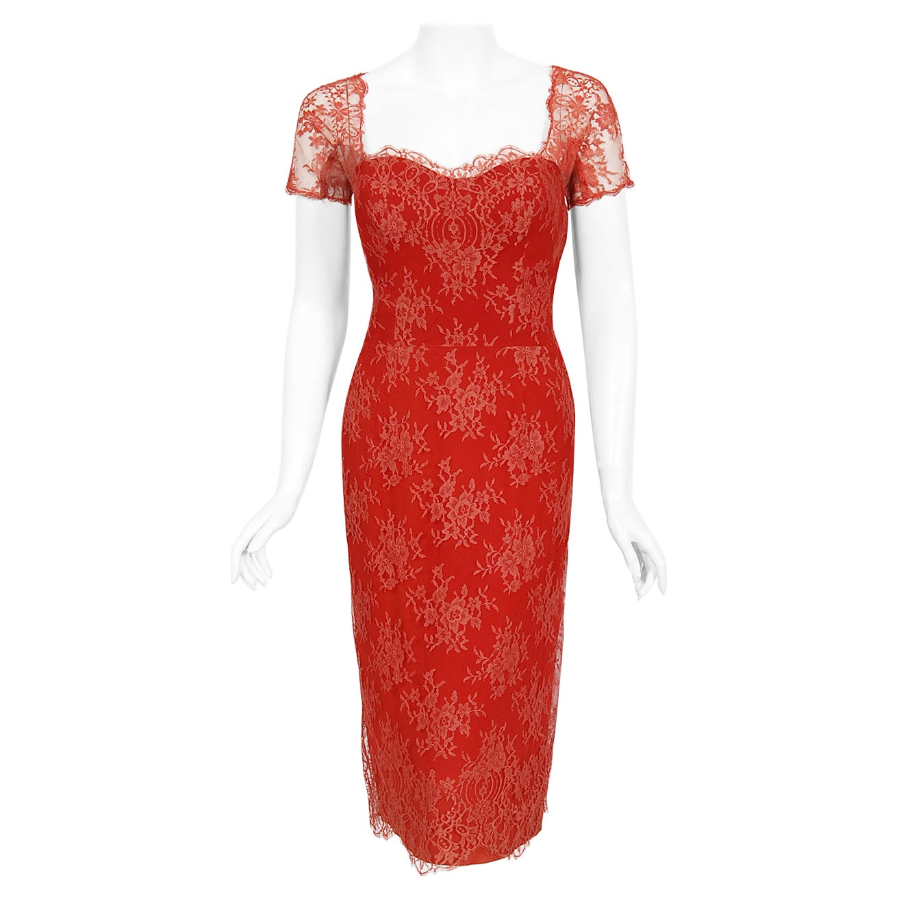 Vintage 1950's Luis Estévez Red Illusion Lace Sweetheart Plunge Hourglass Dress