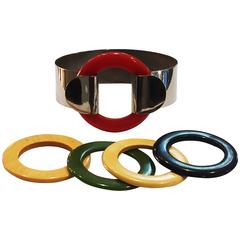 Vintage Art Deco rare chrome bangle with bakelite disks