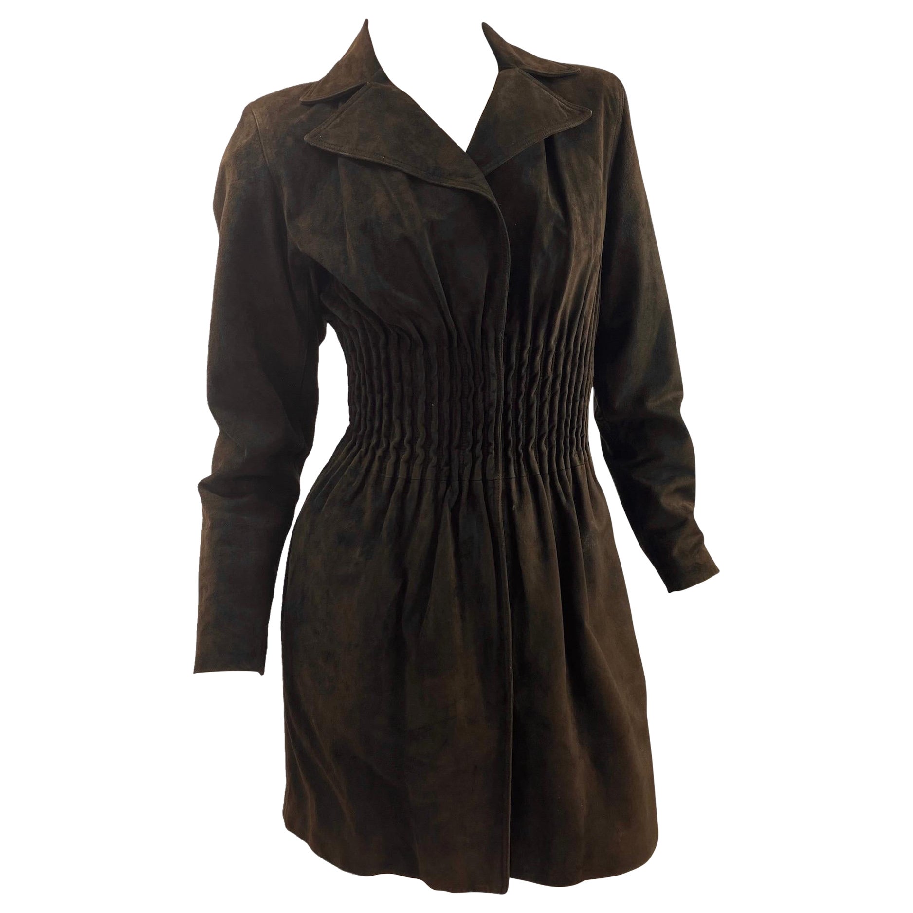 Vintage Gianni Versace F/W2001 Look#40 Chocolate Brown Corset Suede Leather Coat For Sale
