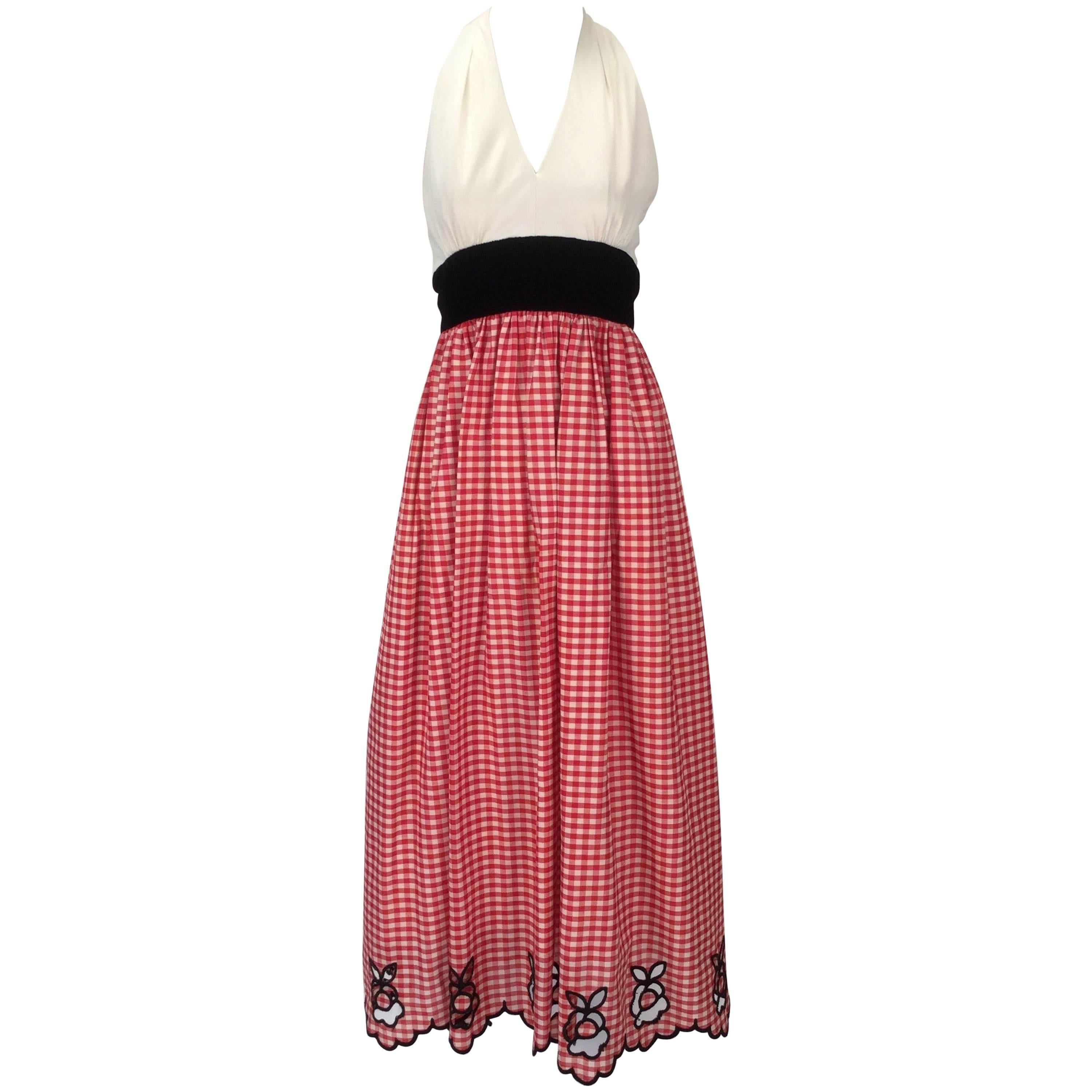 1970s Custom Halter Dress with Gingham Print Skirt  For Sale