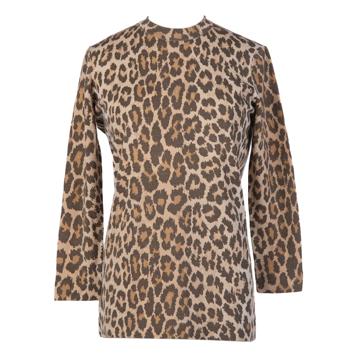 1970s LEONARD Fashion Paris Brown Animal Leopard Print Wool Blend Knit Top For Sale
