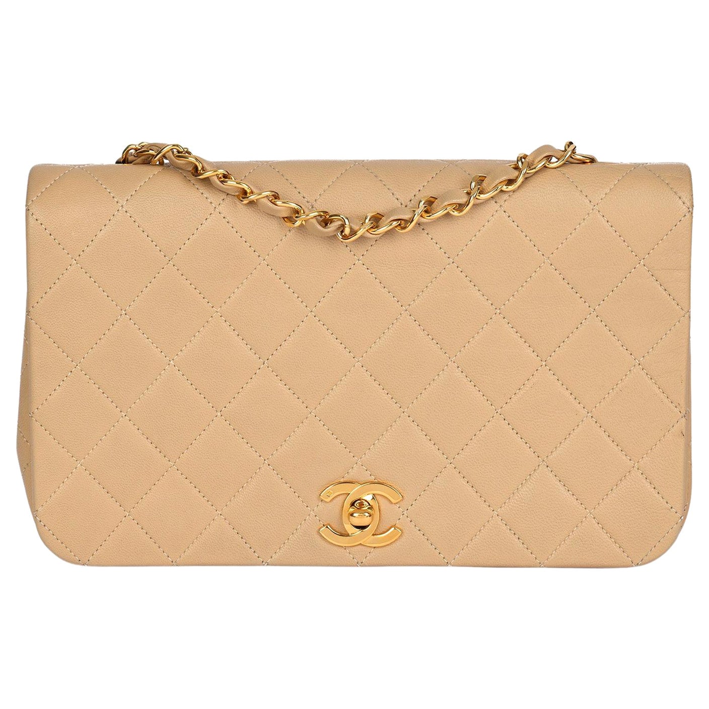CHANEL Beige Quilted Lambskin Vintage Small Classic Single Full Flap Bag 