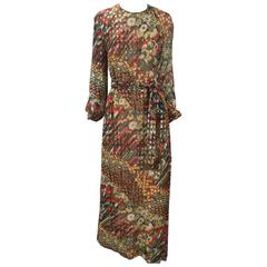 1970s Anthony Muto Multicolor Chiffon Print Maxi Dress 