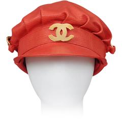 Chanel Red Leather Moto Cap 1992