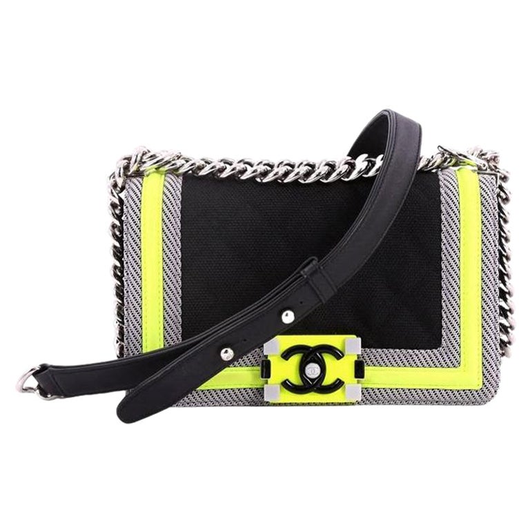 Chanel Boy Soldout Spring 2016 Small Rare Black Neon Lime Nylon Flap Bag For Sale