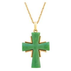 Jade Green Resin Cross Pendant Necklace By Crown Trifari, 1960s