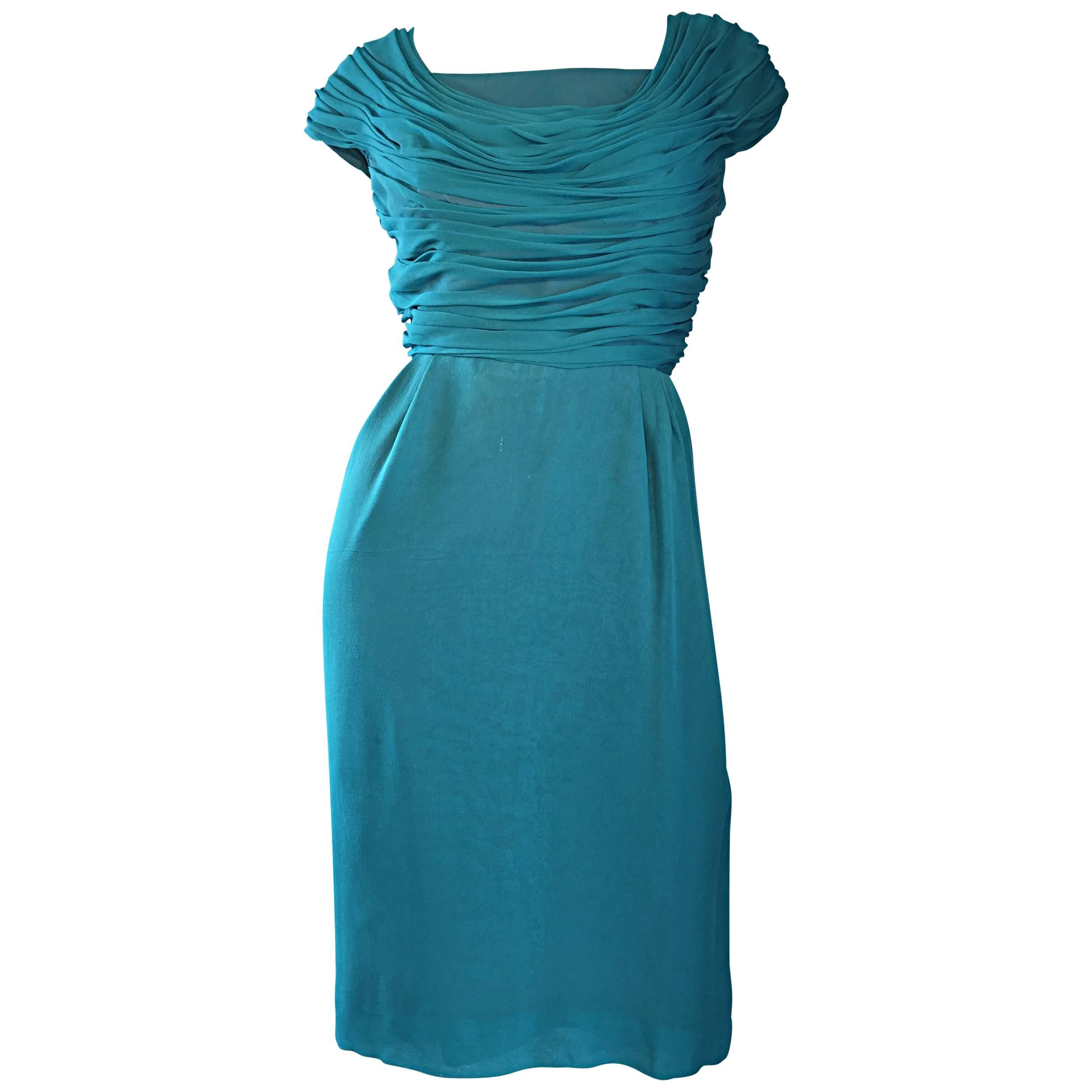 1950s Elliette Lewis Teal Blue Silk Chiffon 50s Vintage Dress w/ Pleated Bodice For Sale