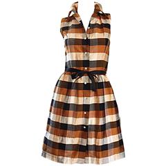 Isaac Mizrahi Vintage 1990s Does 1950s Brown & Black Plaid Silk Shirt Dress 12