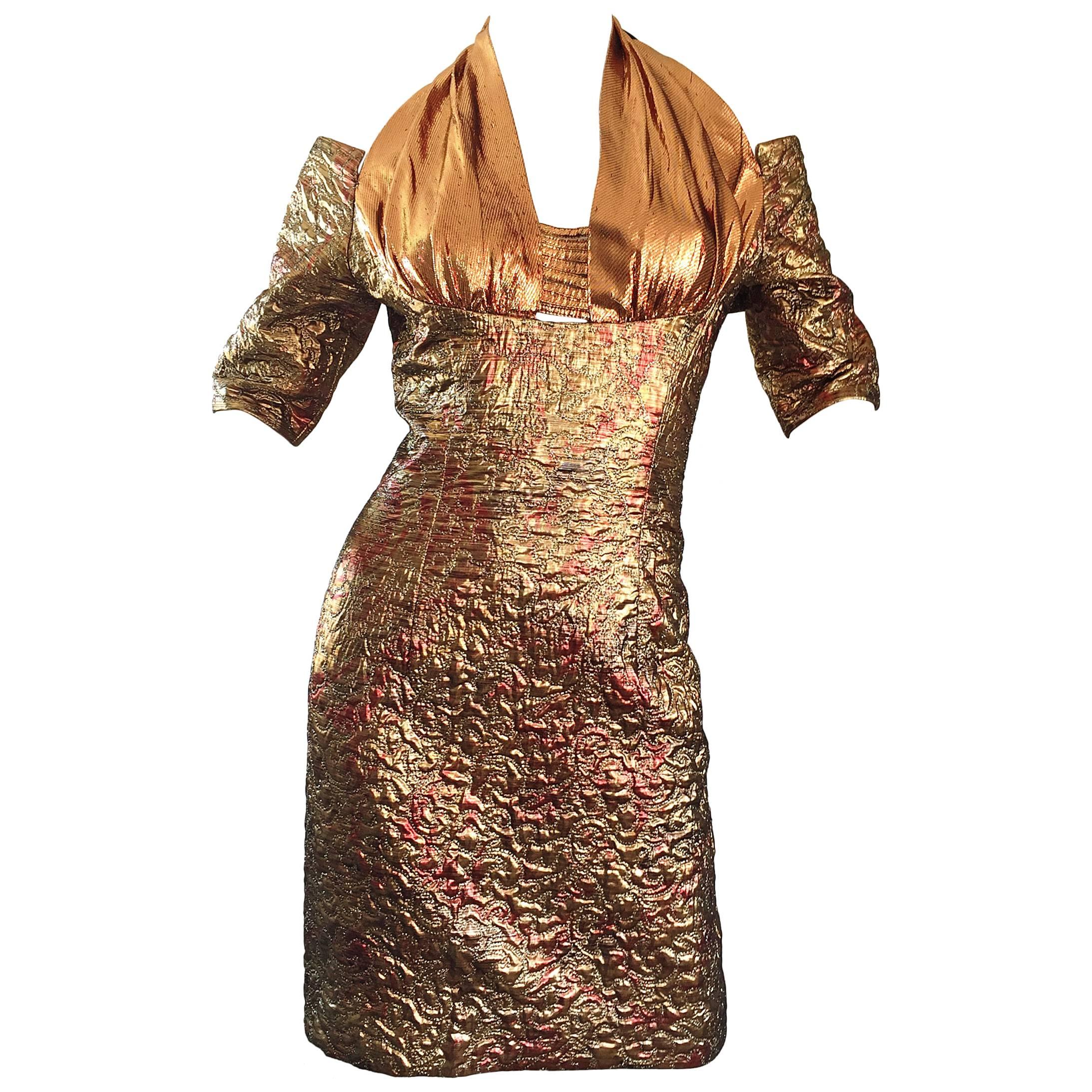 Sexy 1990s Bronze + Gold + Rose Gold Silk Brocade Vintage Halter Bod Con Dress For Sale