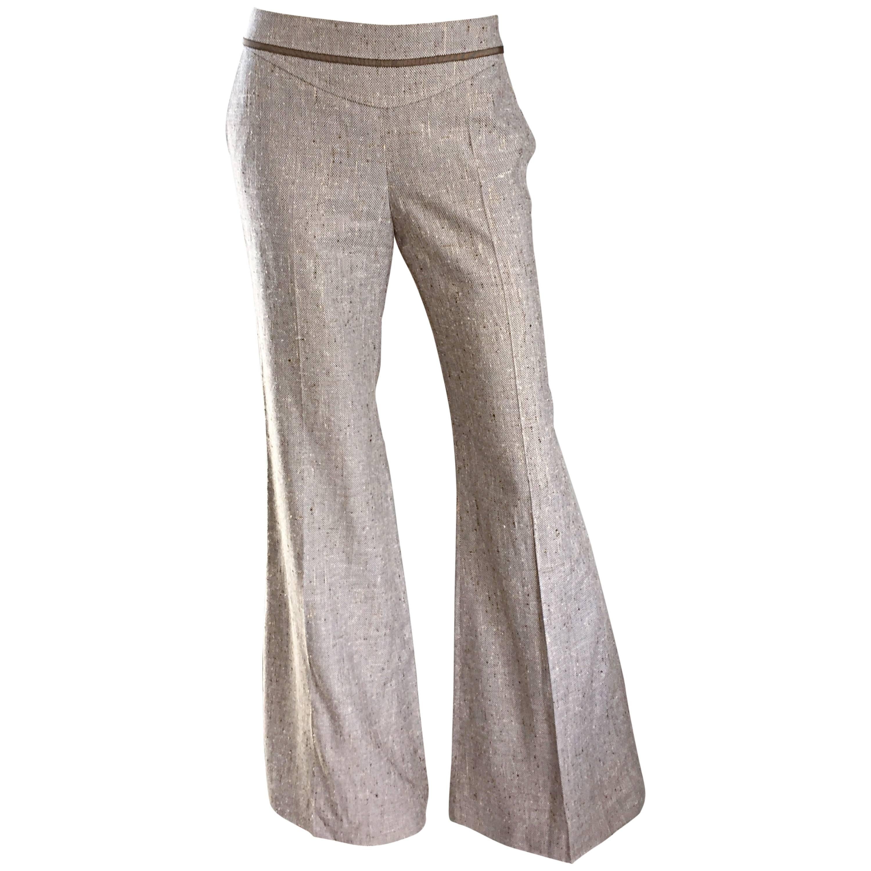 NWT Escada Beige Super Wide Flare Leg Low Rise Silk Tweed Bell Bottom Pants For Sale