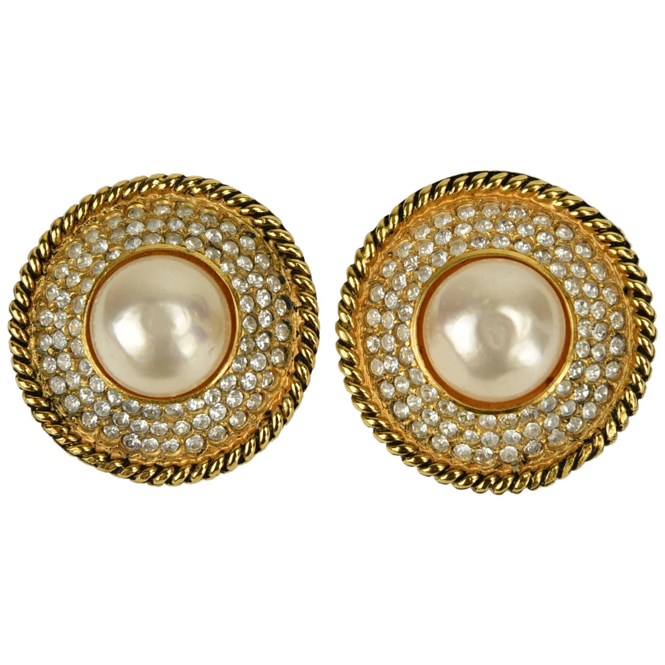 1990s Chanel Large Pearl and Rhinestones Gripoix Round Earrings For Sale