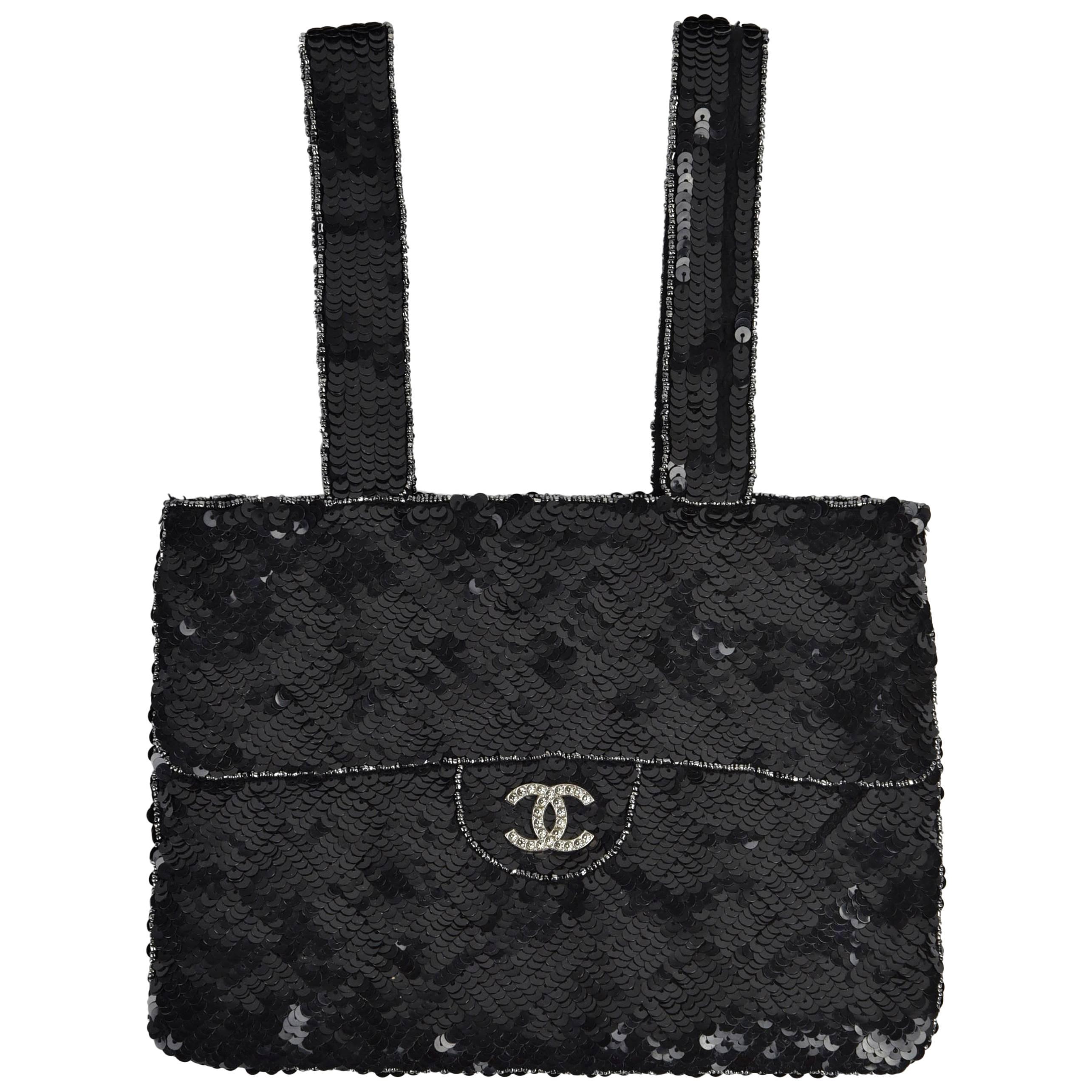 Circa1998 Chanel Black Sequined Evening Bag W/ Rhinestone CC and Silver outlines For Sale