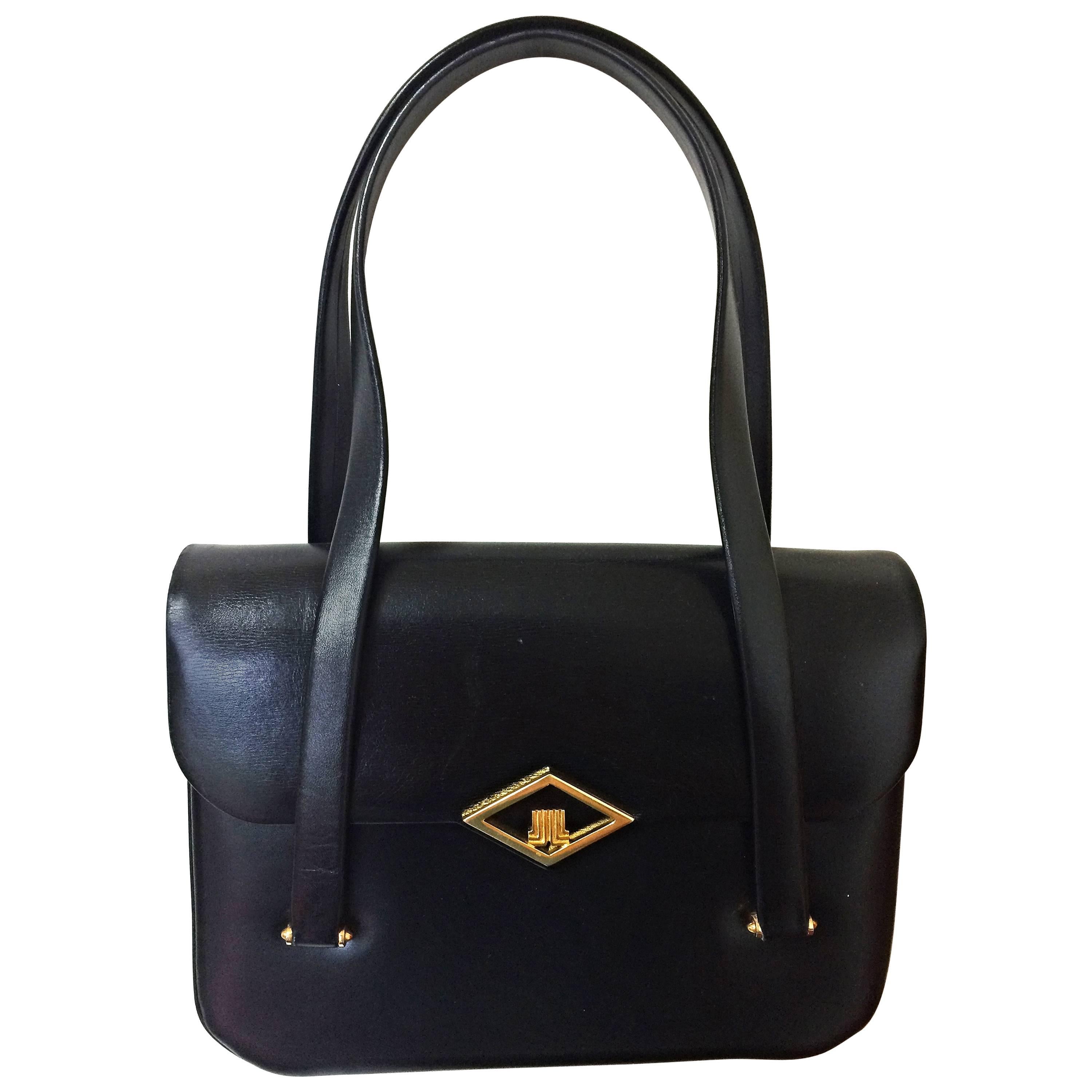 80's Vintage LANVIN classic black leather shoulder bag, tote bag with gold motif For Sale