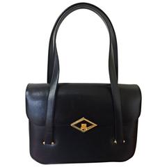 80's Vintage LANVIN classic black leather shoulder bag, tote bag with gold motif