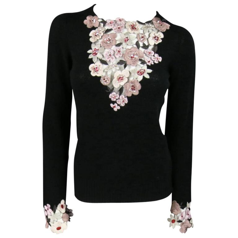 CHANEL Size S Black Cashmere Sequin Embroidered Cutout Floral Sweater ...