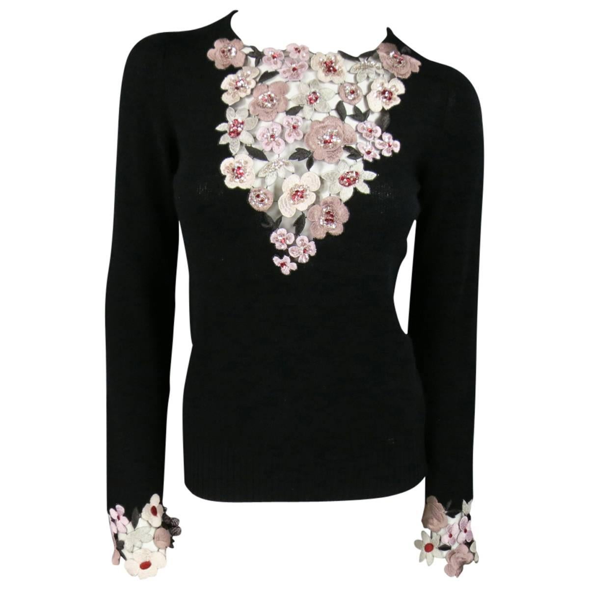 CHANEL Size S Black Cashmere Sequin Embroidered Cutout Floral Sweater
