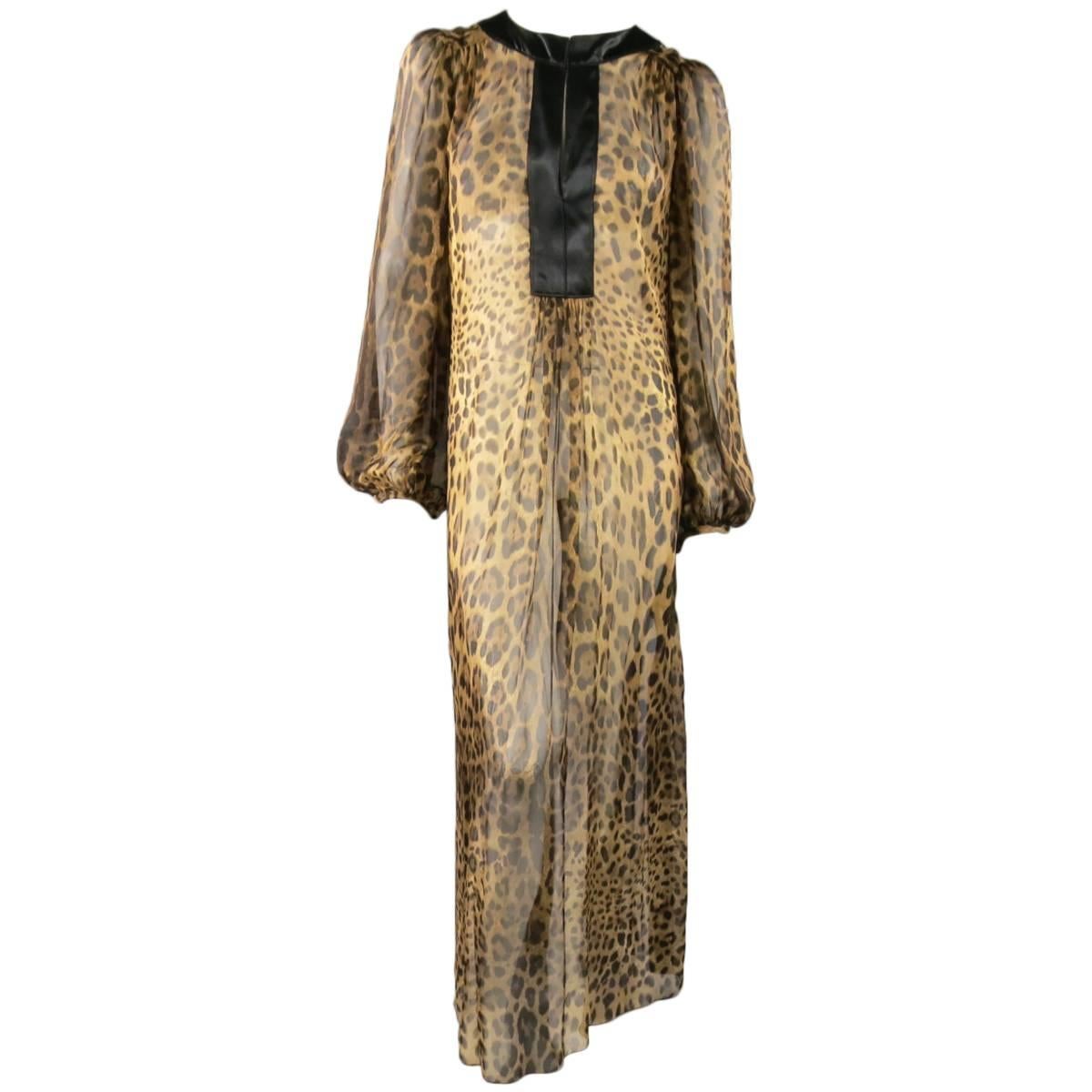 DOLCE & GABBANA Size L Brown Leaopard Chiffon Black Trim Maxi Kaftan Dress