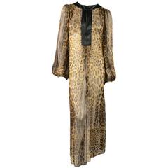 DOLCE & GABBANA Size L Brown Leaopard Chiffon Black Trim Maxi Kaftan Dress