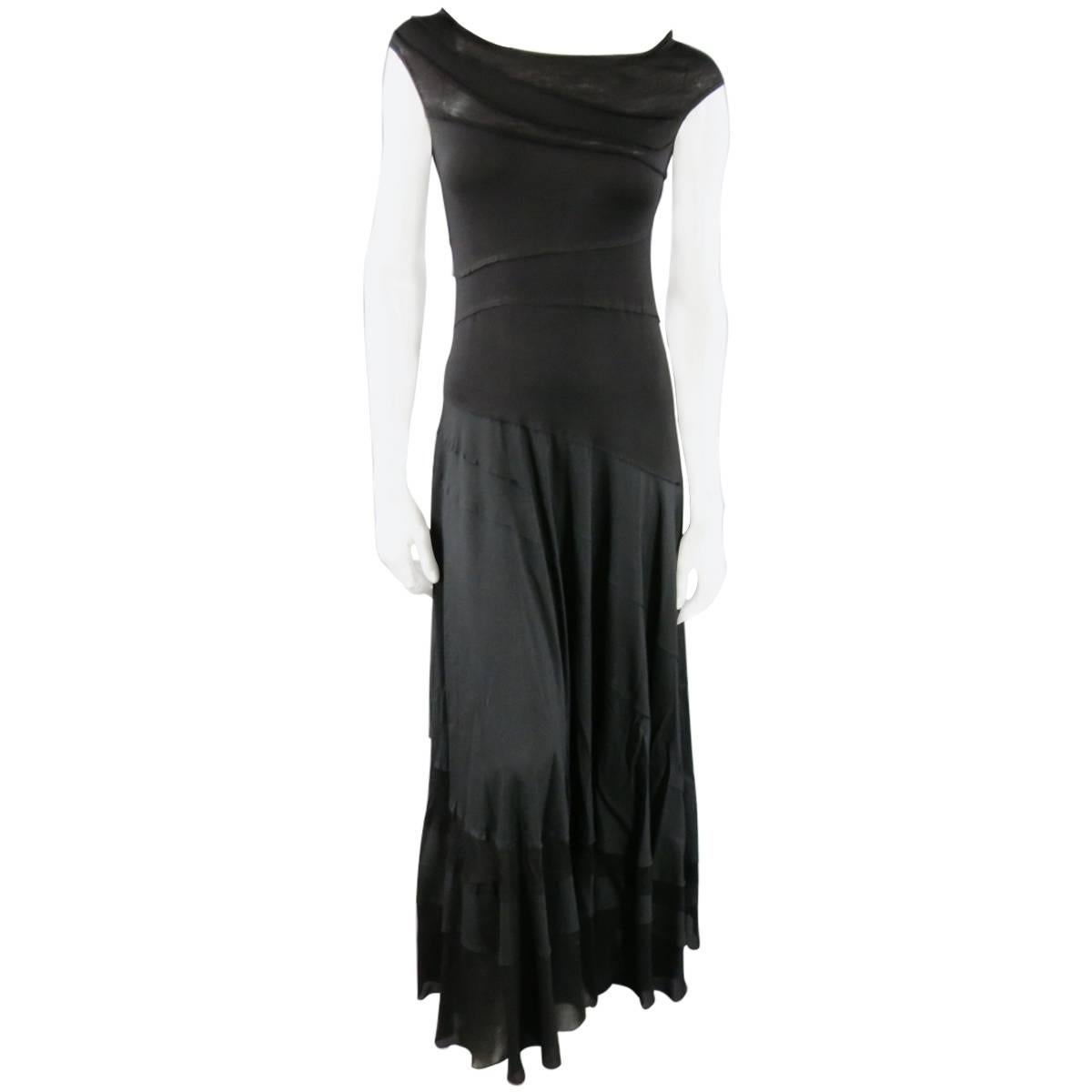 DONNA KARAN Size 10 Black Asymmetrical Striped Patch Work Maxi Dress