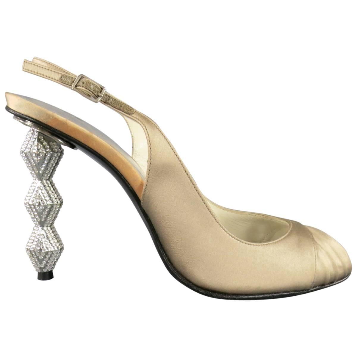 STUART WEITZMAN 8.5 Champagne Satin Peep Toe Rhinestone Heel Slingback Pumps