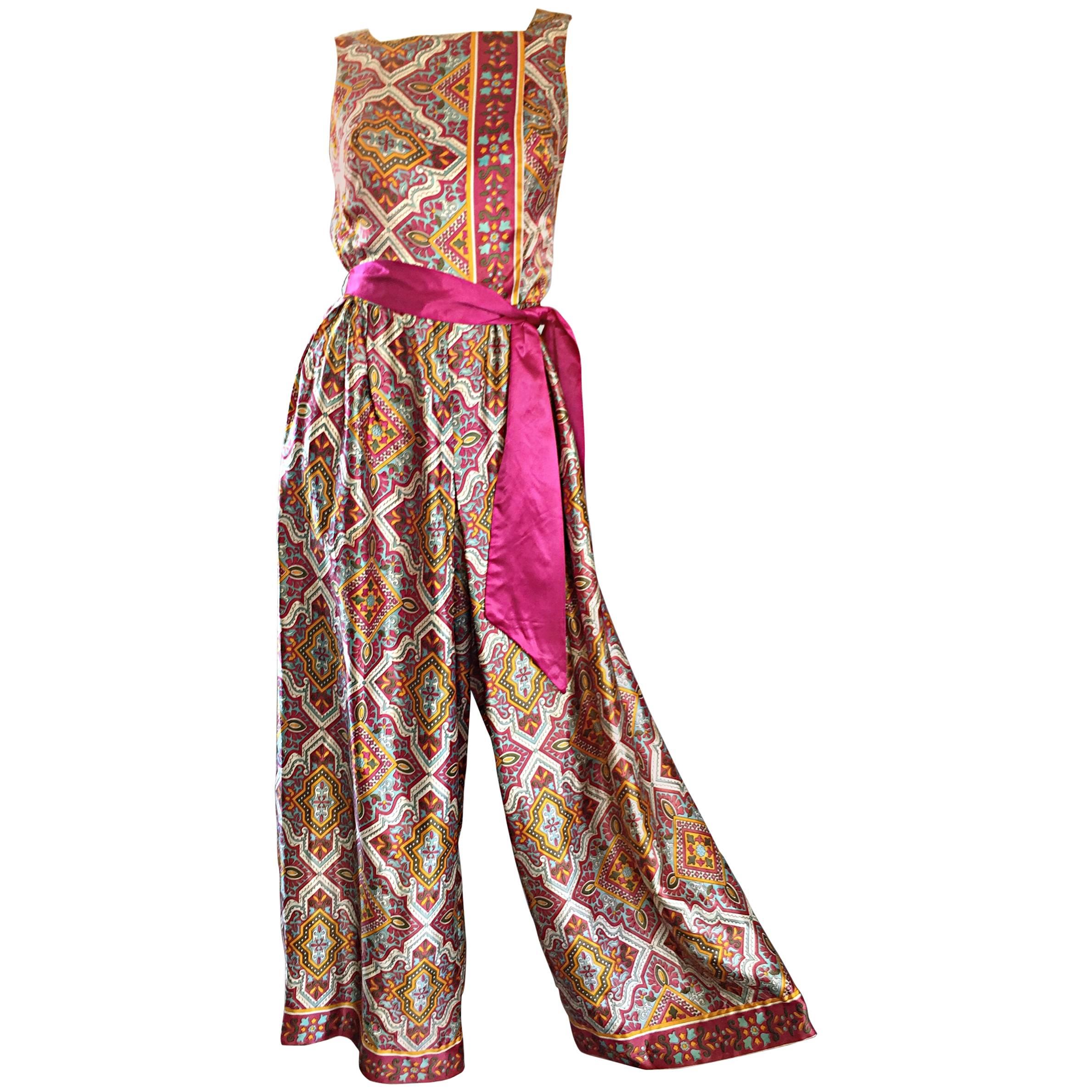 Roberta Lynn Paisley Ethnic Print Silk Jumpsuit with Pink Sash, 1970s 