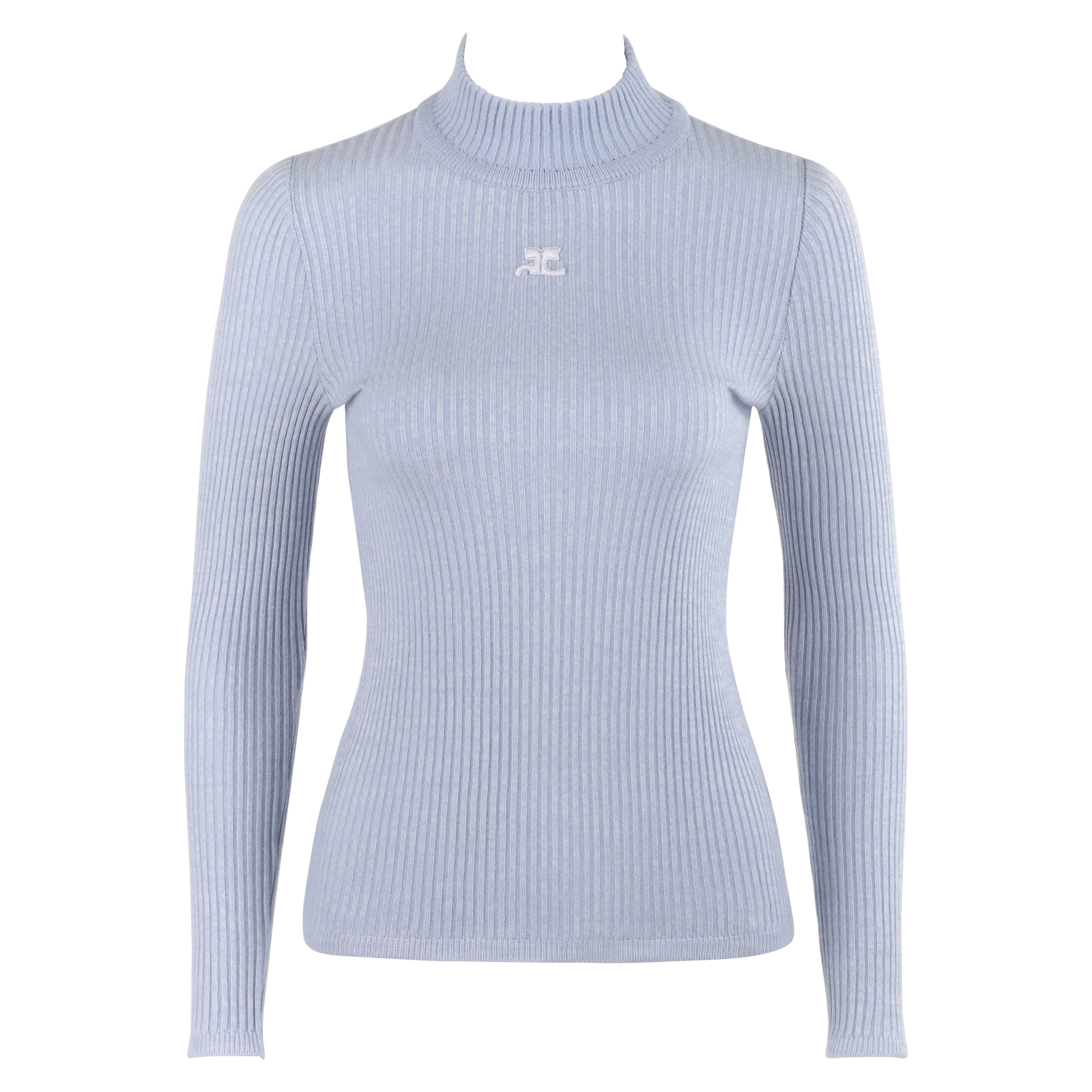 COURREGES c.1970's Light Blue Stretch Knit Mock Neck Long Sleeve Sweater Top 