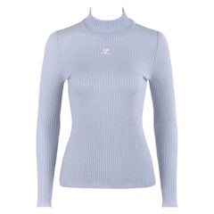 COURREGES c.1970's Light Blue Stretch Knit Mock Neck Long Sleeve Sweater Top