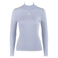 COURREGES ca. 1970er Hellblaues langärmeliges Pullover-Oberteil aus Stretch-Strick mit Rundhalsausschnitt 