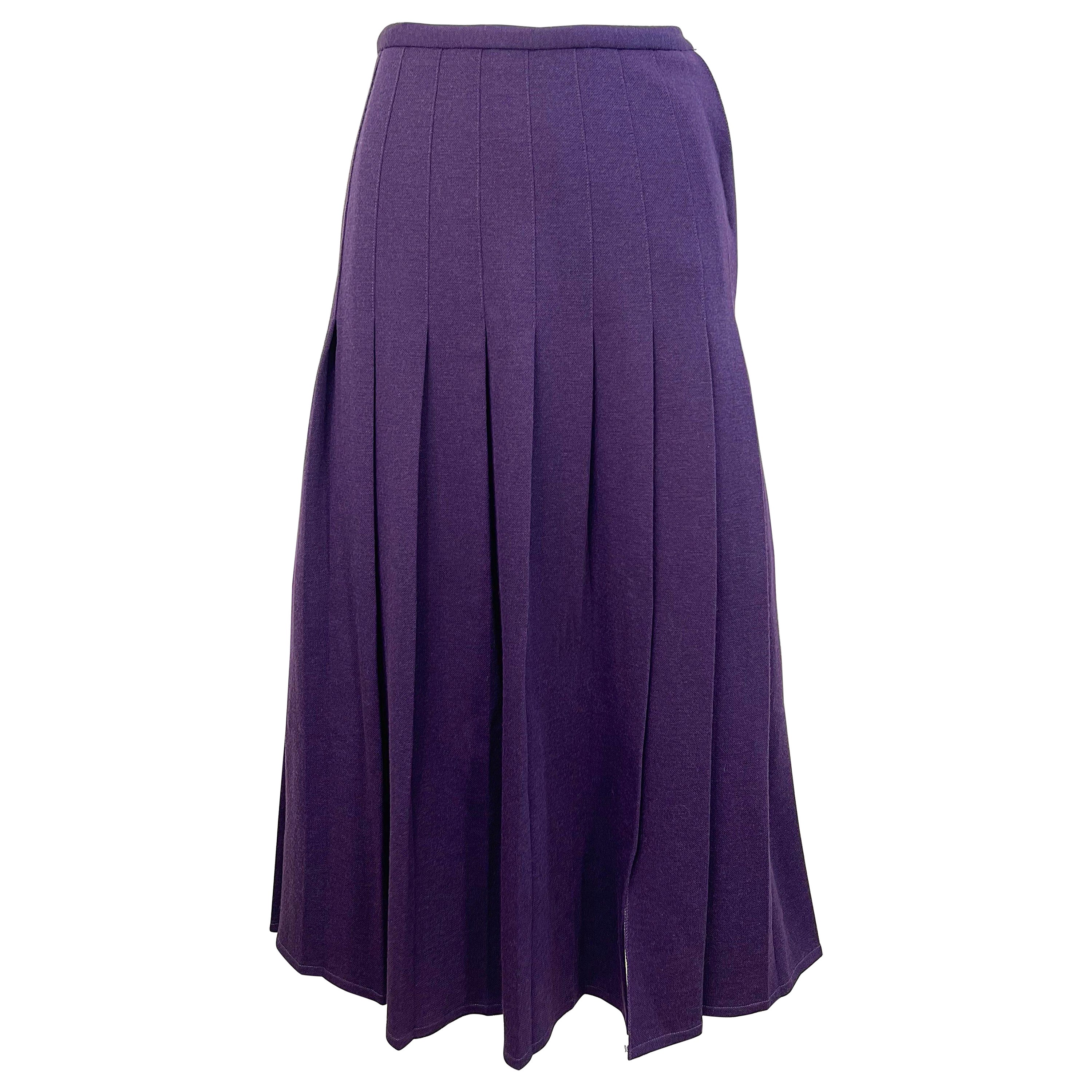 Sonia Rykiel - Jupe midi en laine plissée violette à motif aubergine, vintage, années 1970 en vente