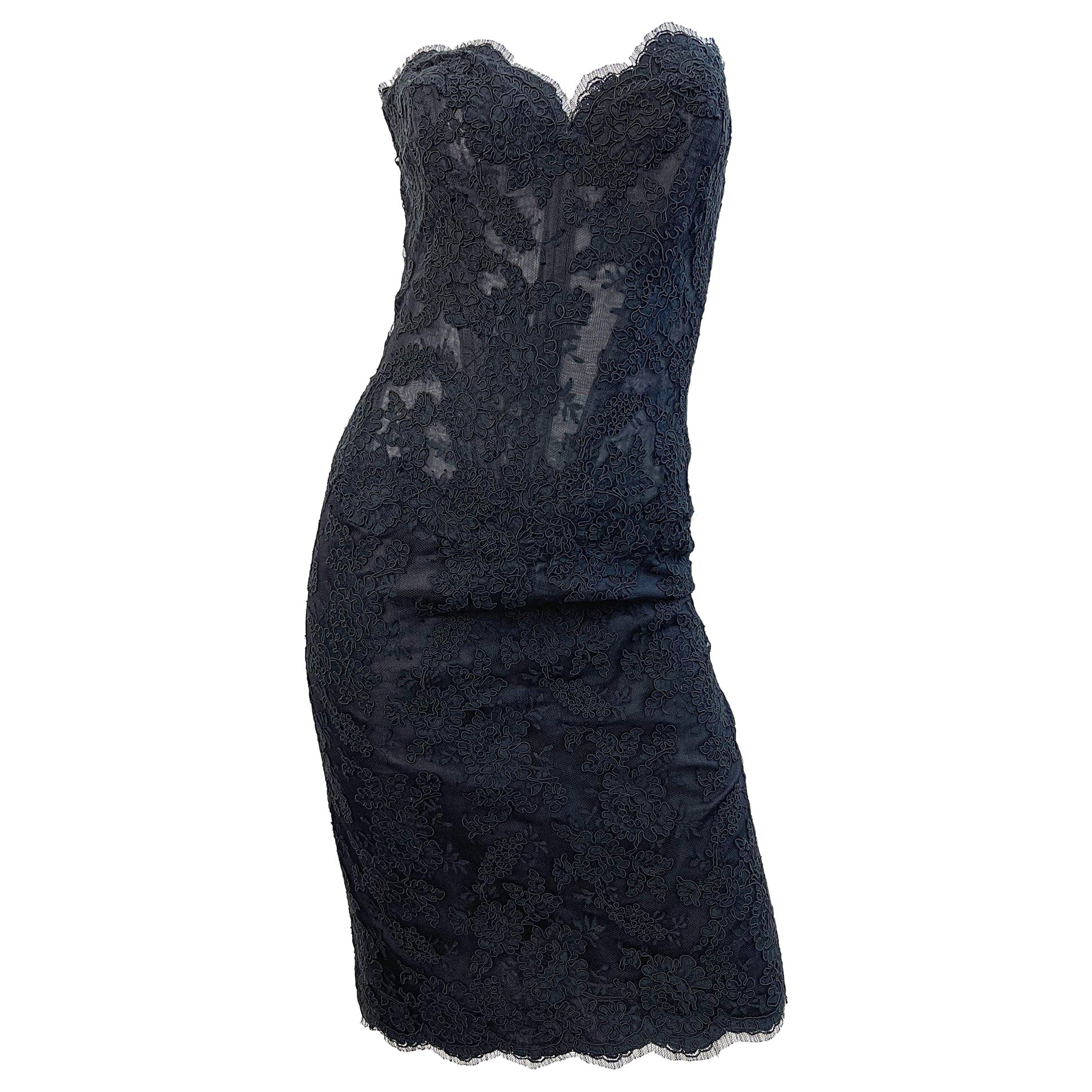 1980s Vicky Tiel Couture Size 46 / US 12 Black Lace Strapless Vintage Dress For Sale