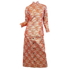 Ceil Chapman 1960s Orange Gold Silk Brocade Paisley Print Gown Dress + Tunic 60s