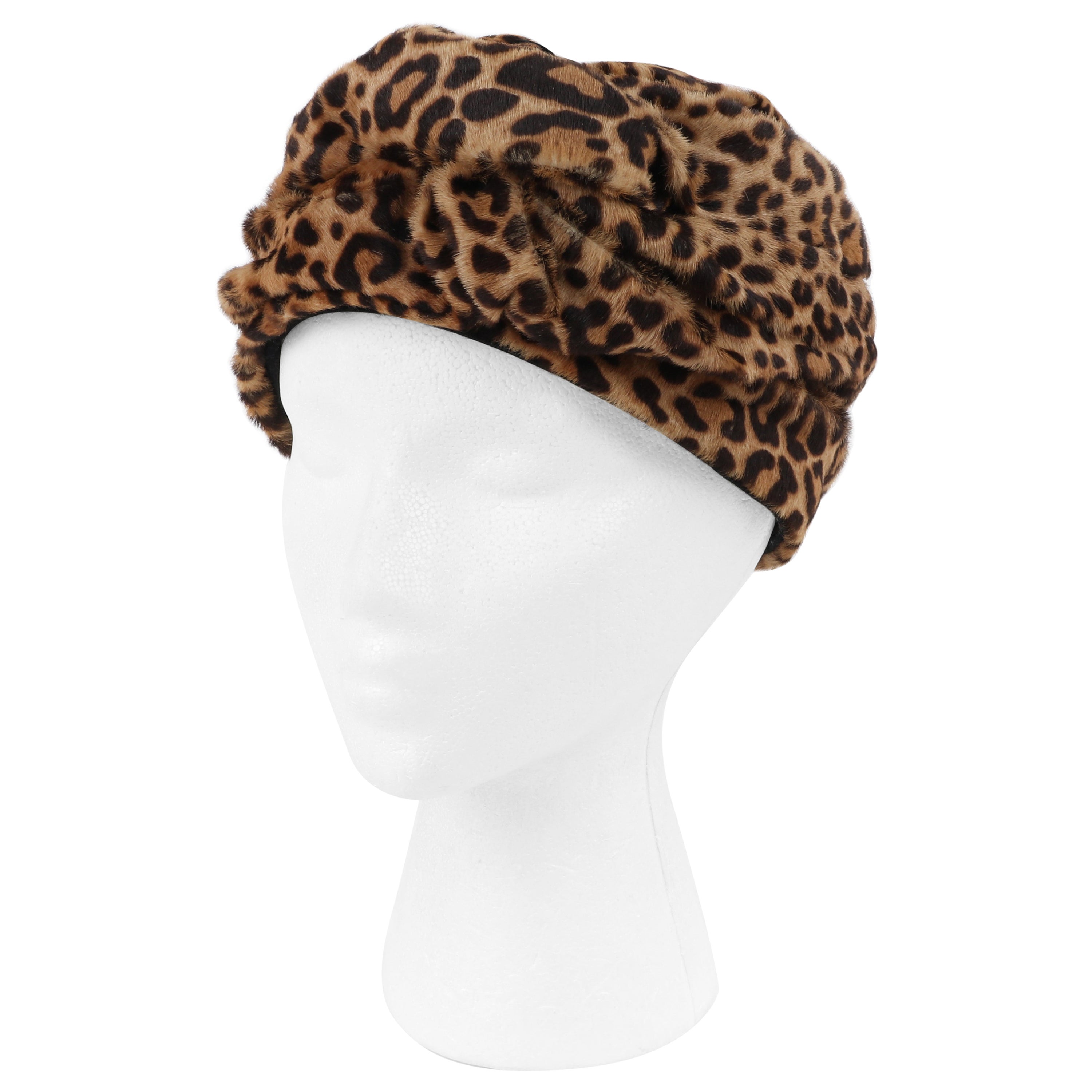 GUCCI Pre-Fall 2016 Black Brown Leopard Print Leather Twisted Turban Hat For Sale